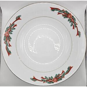 Poinsettia & Ribbons Fine China 9" Rimmed Soup Bowl Christmas Holiday Red Green